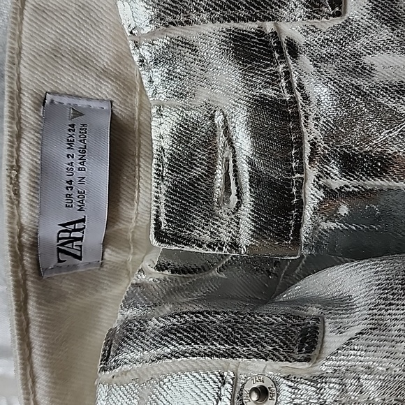 Zara Metallic Silver Foil Jean Ultra High Waist Straight Wide A Blogger Fav! - Picture 14 of 16